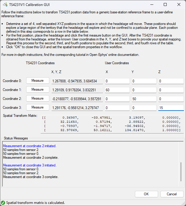 Screenshot of TS4231V1 Calibration GUI with calculated matrix