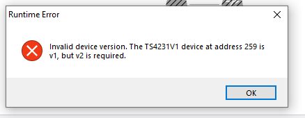 Exception showing an attempt to acquire from device with unsupported gateware version