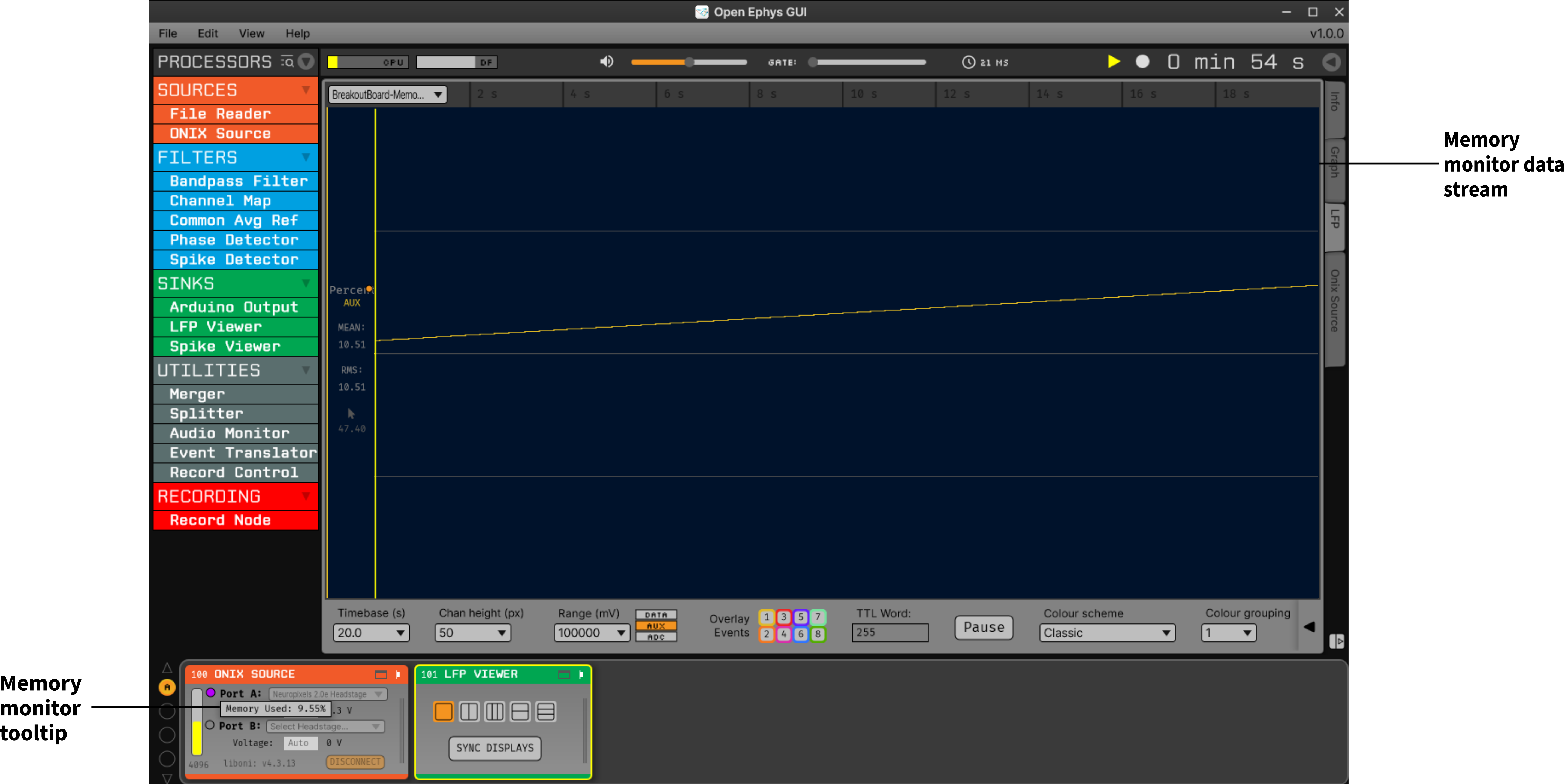 Memory Usage Monitor in the ONIX Source plugin