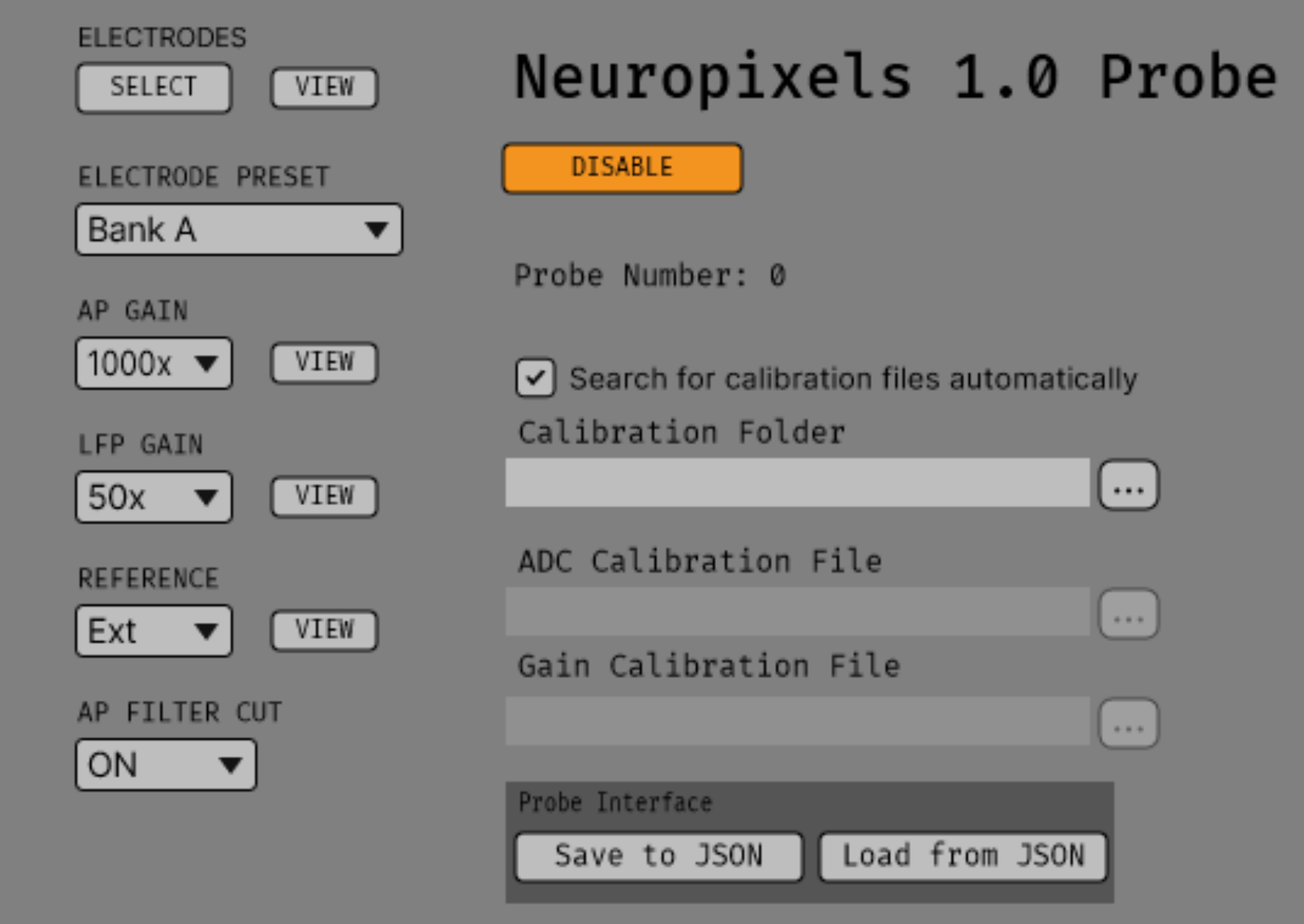 Neuropixels 1.0e with the automatic calibration file checkbox checked