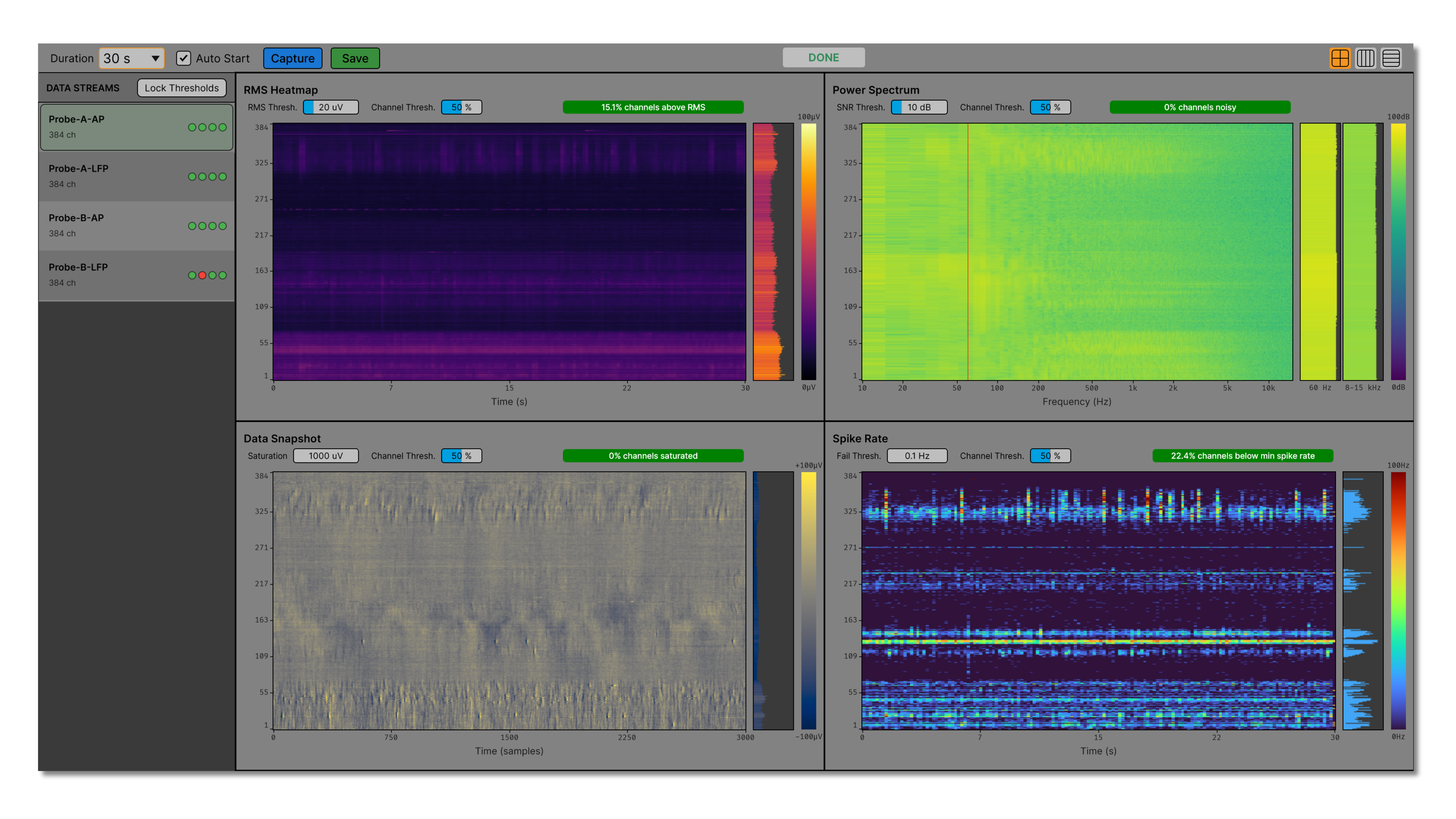 Quality Monitor visualizer with RMS heatmap, power spectrum, data snapshot, and spike rate panels