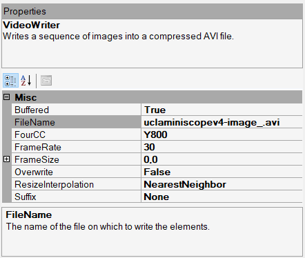 screenshot of bonsai.vision.videowriter properties