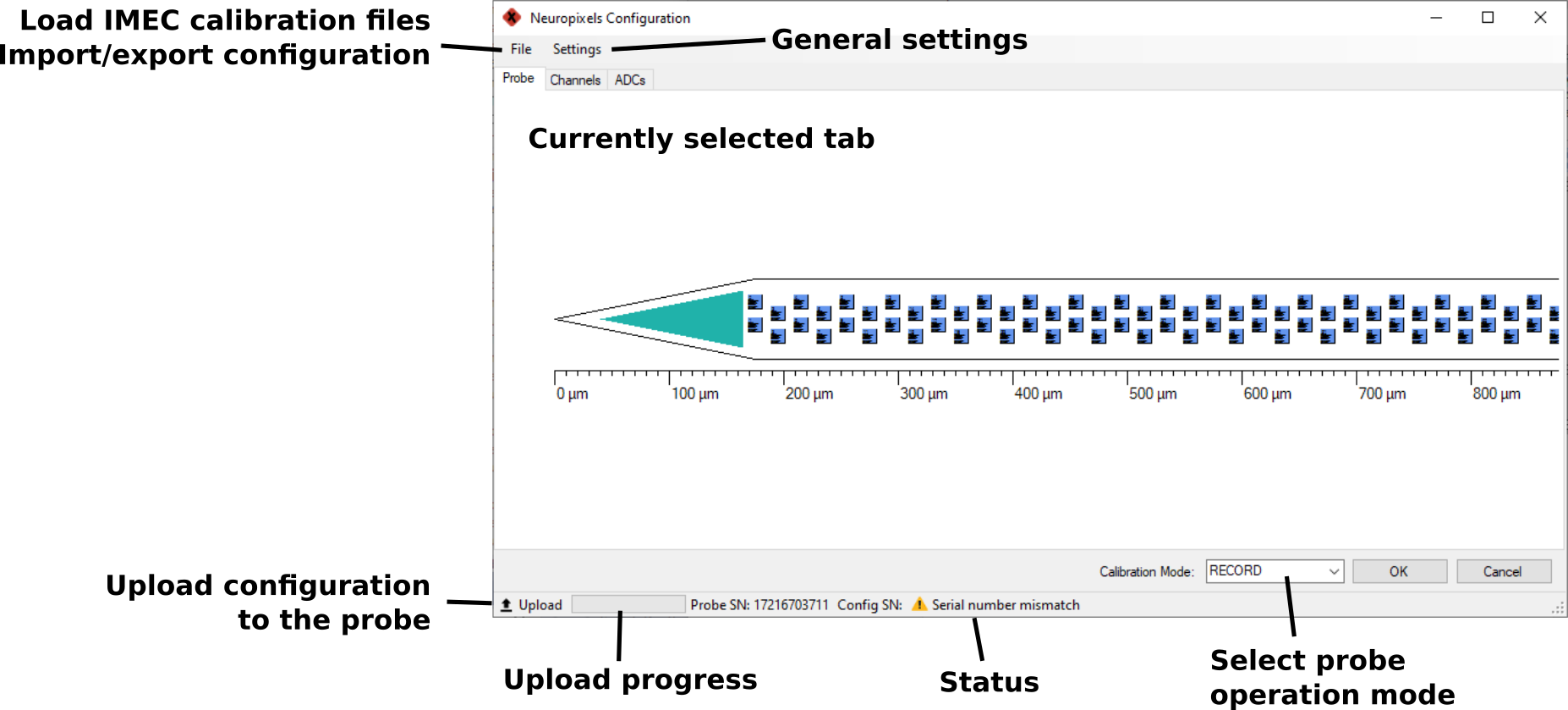 The Neuropixels 1.0e configuration GUI.