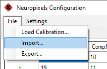 The configuration GUI with import selected