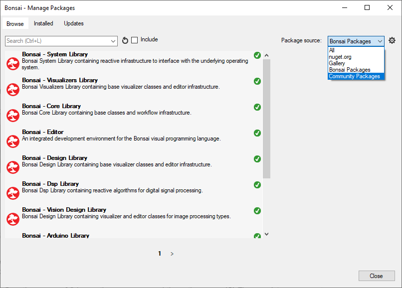 Bonsai package manager with community packages selected as package source