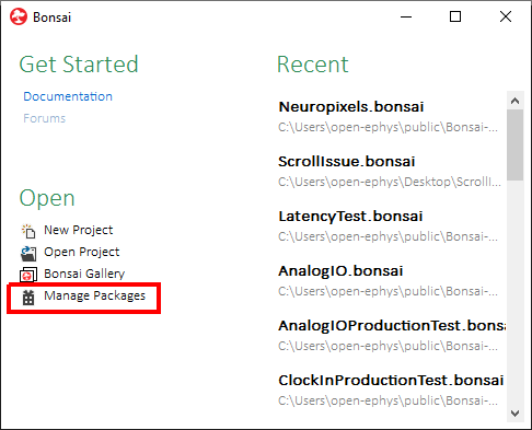 Bonsai start menu with "Manage Packages" highlighted.